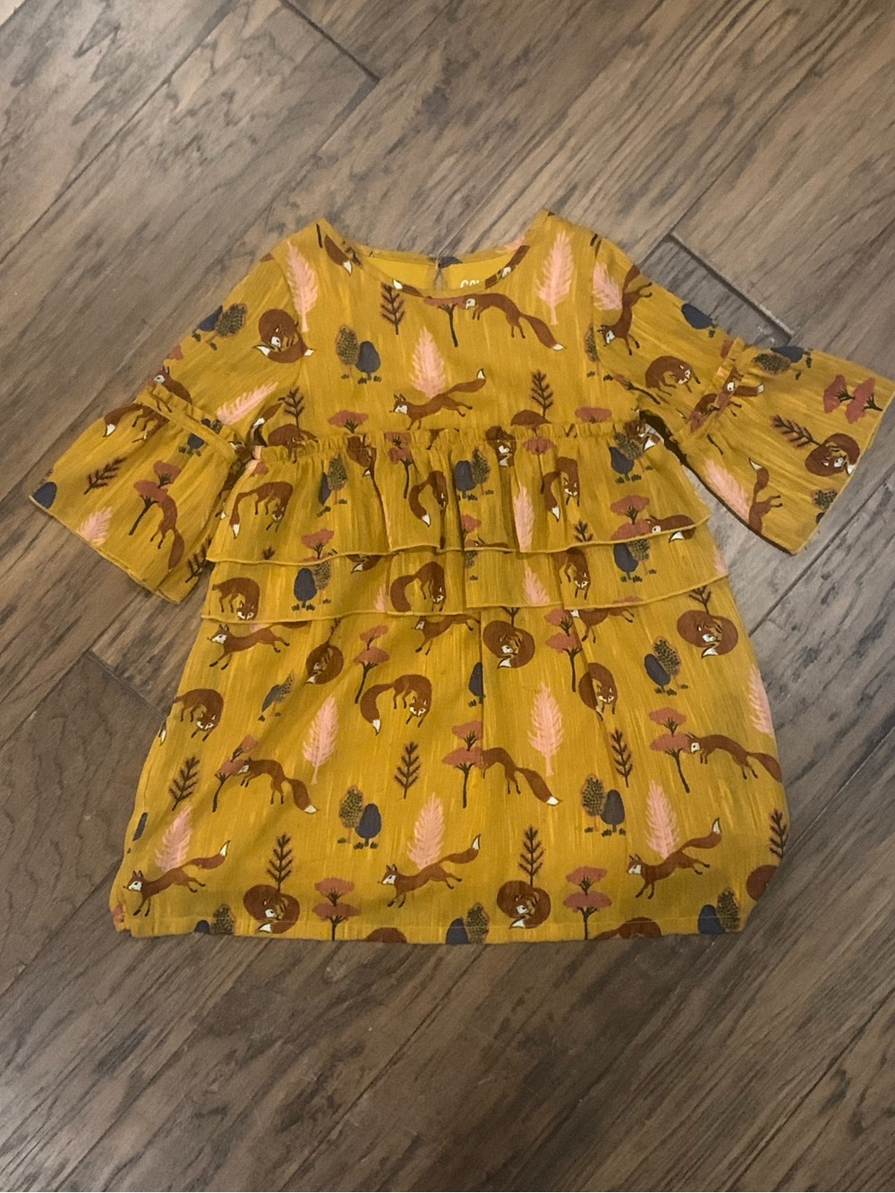 Mustard Fox Print Tiered Ruffle Kids Dress
